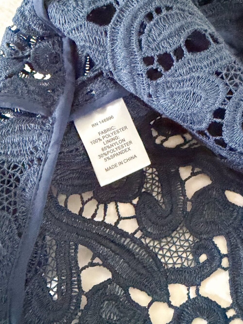 NWT Abbey Glass Navy Lace Peplum Blouse Crochet Overlay Short Sleeve Top S - Picture 6 of 6